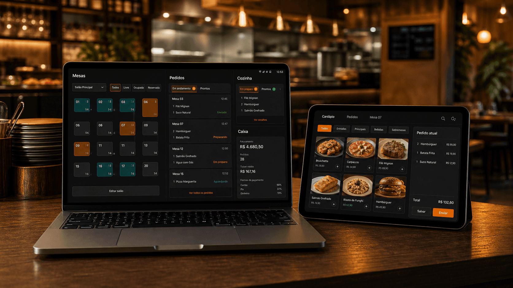 Softline Restaurante em notebook e tablet dentro de um restaurante