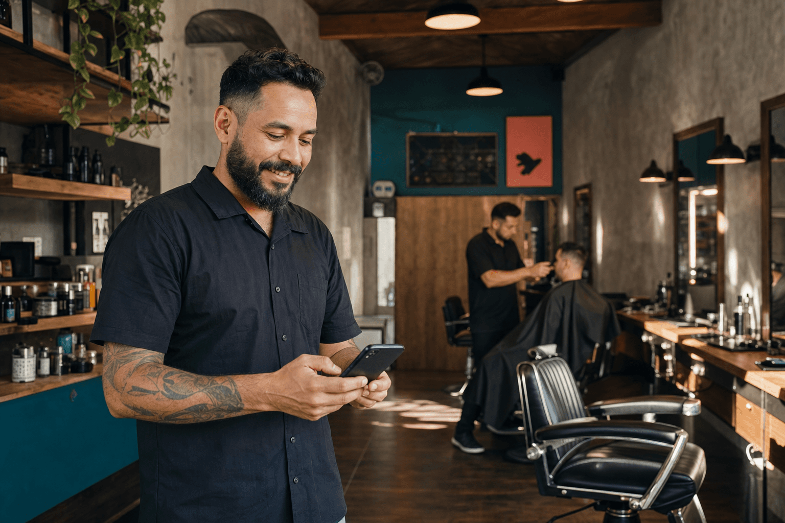 Empreendedor acompanhando os agendamentos pelo celular em sua barbearia