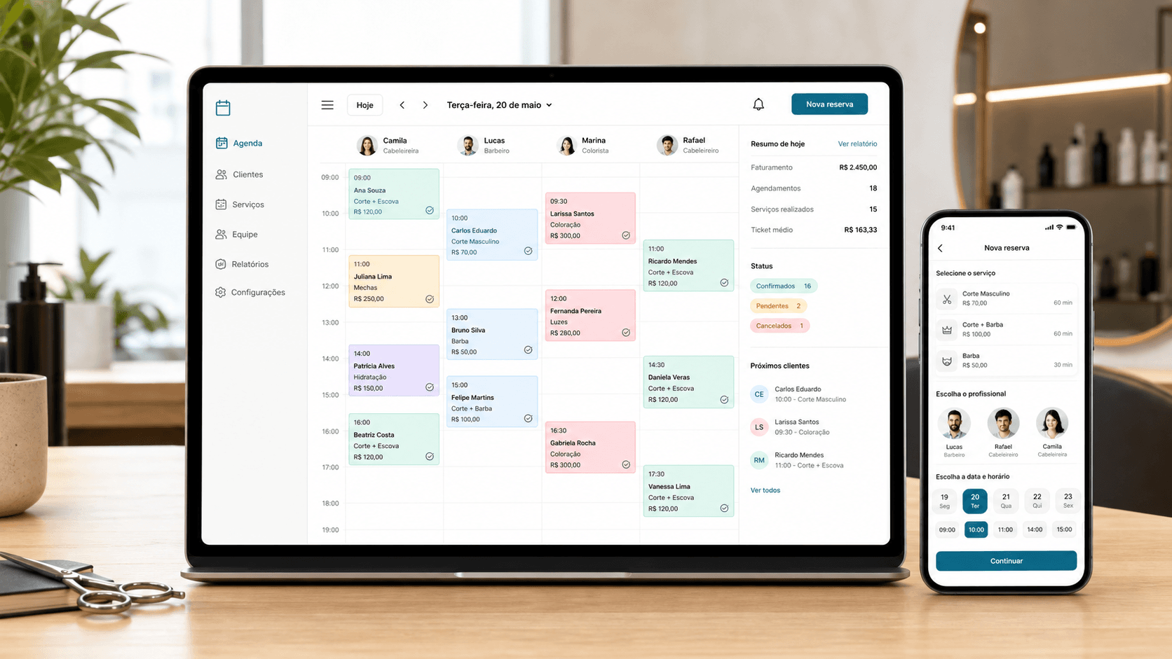 Painel principal do Softline Estilora com agenda e equipe do salão