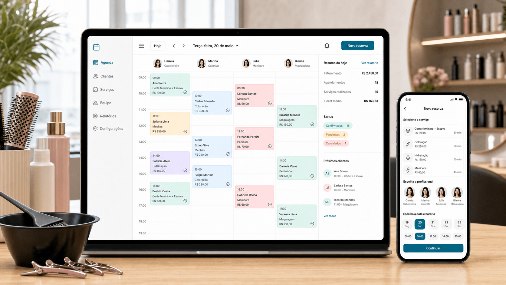 Painel principal do Softline Estilora com agenda e equipe do salão