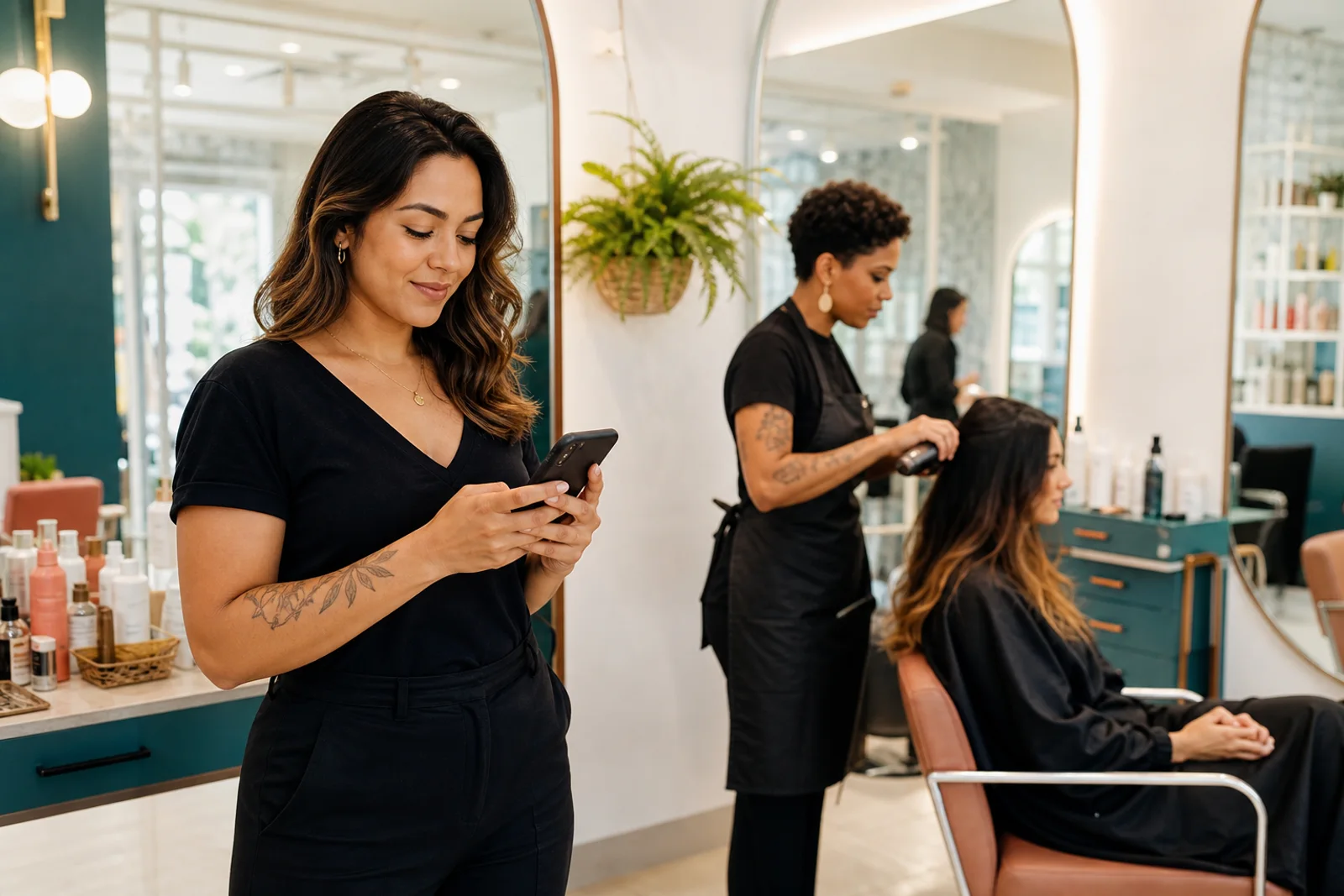 Profissional acompanhando a agenda pelo celular em um salão de beleza
